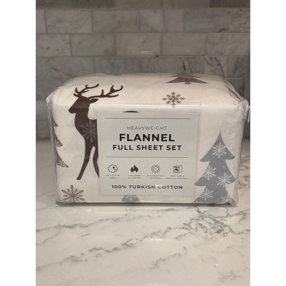 Heavyweight Flannel Full Sheet Set 100% Turkish Cotton Snowy Reindeer Holiday